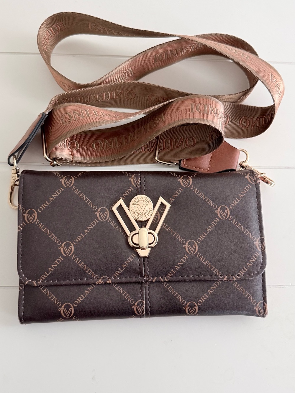 Valentino Orlandi Brown Logo Leather Wallet Crossbody with Gold Hardware